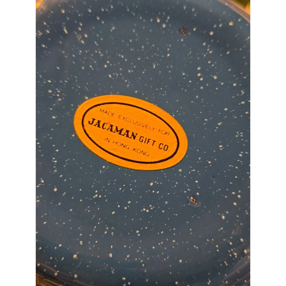 Vintage Jacaman Gift‎ Co Blue Speckled Enamel Teapot and Green Enamel Frying Pan